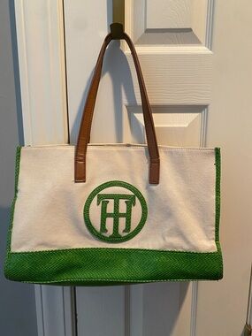 Tommy Hilfiger Cream Canvas Tote with Faux Leather Green Trim
